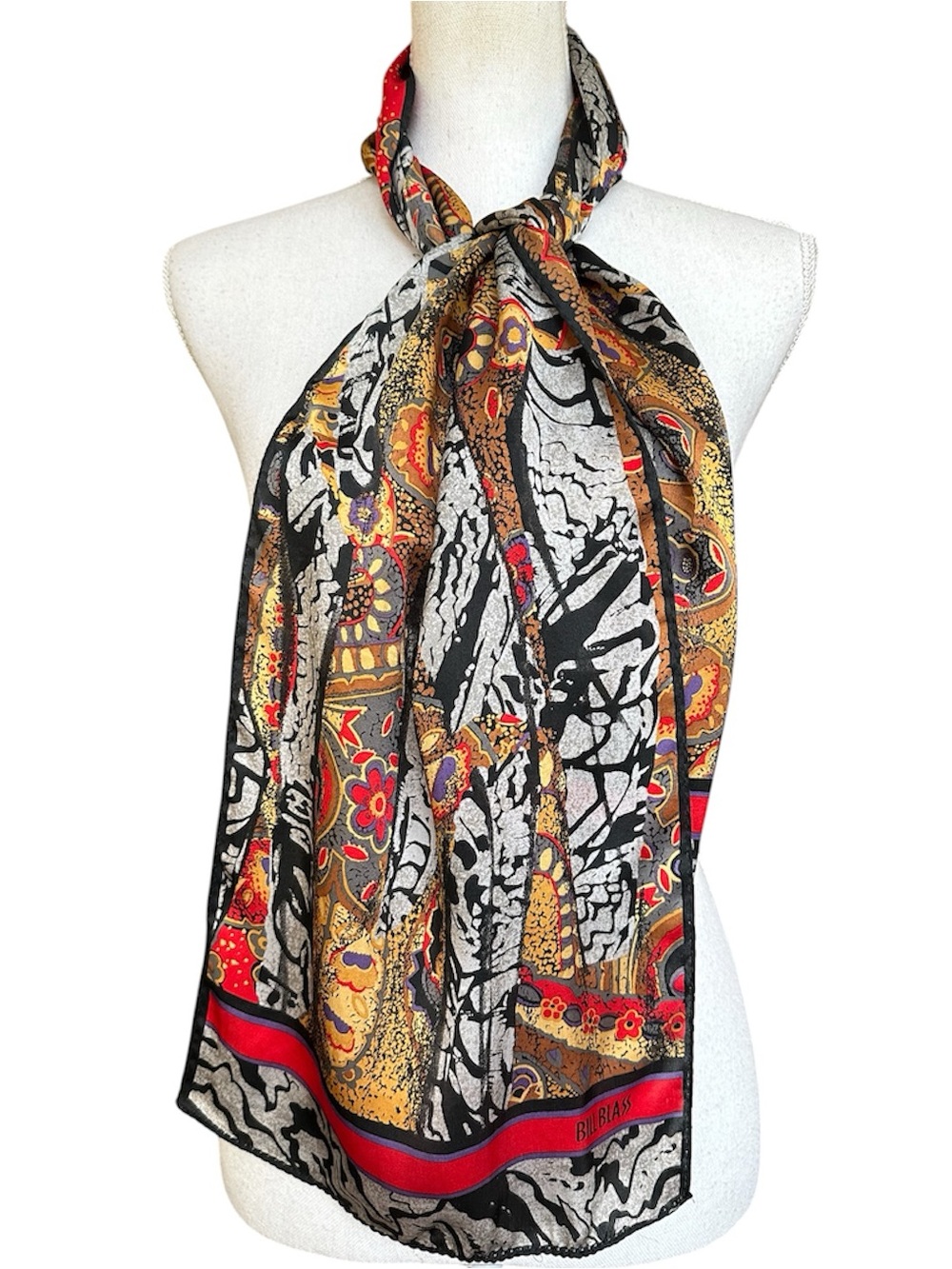 Bill Blass Vintage 100% Silk Abstract Pattern Oblong Scarf in Black, Gold & Red